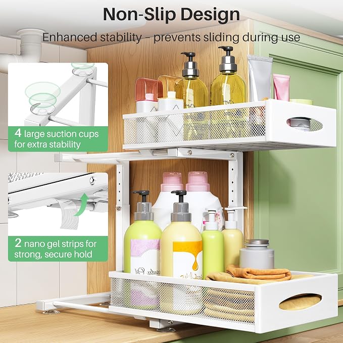 Under Sink Organizer, 2 Pack 2 Tier Pull out Cabinet Organizer Baskets with Mesh Sliding Drawers, Slide out Sink Storage Shelves for Kitchen, Bathroom, Pantry, Cabinet Organizers and Storage(White) - Image 6