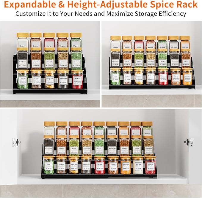 RCHYFEED 3 Tier Spice Rack Organizer for Cabinet,Expands 13.4 to 21.8 Inch | Black, Height Adjustable Metal Spice Rack, Display Shelf Ideal for Cabinet, Countertop and Pantry Spice Organization - Image 4