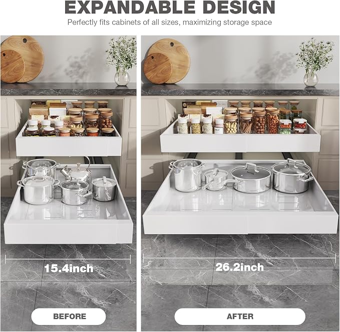 Seinloes 2 Pack Pull Out Cabinet Organizer 24" Deep,Full Extension 3 Slide Rails Slide Out Drawers With Raising Pad for Framed Cabinets,Expandable Width (15.4"-26.2"),No Drill Roll Out shelf,White - Image 2
