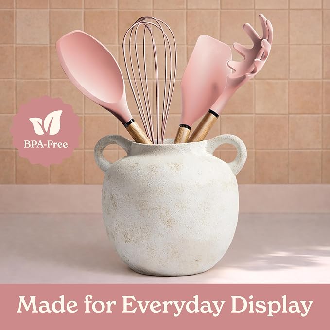 Country Kitchen Non Stick Silicone Utensil Set with Rounded Wood Handles for Cooking and Baking, 8 Piece Set, Pink - Image 6