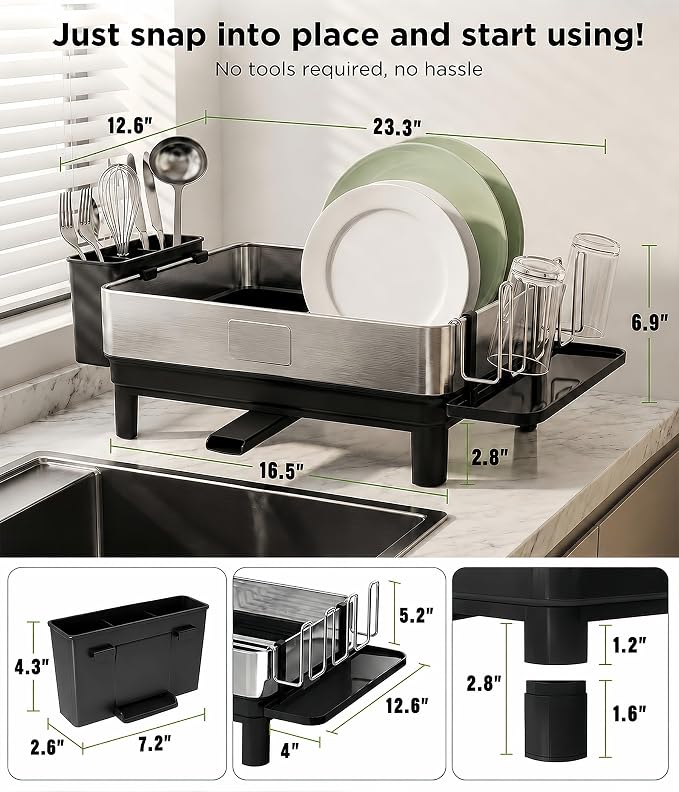 Dish Drying Rack, 17-Inch Dish Drainer for Countertop, Stainless Steel | 4-Way Adjustable Drainage Spout, Removable Cup & Chopstick Holder, Tool-Free Setup, Rustproof Utensil Holder for Kitchen Sink - Image 8
