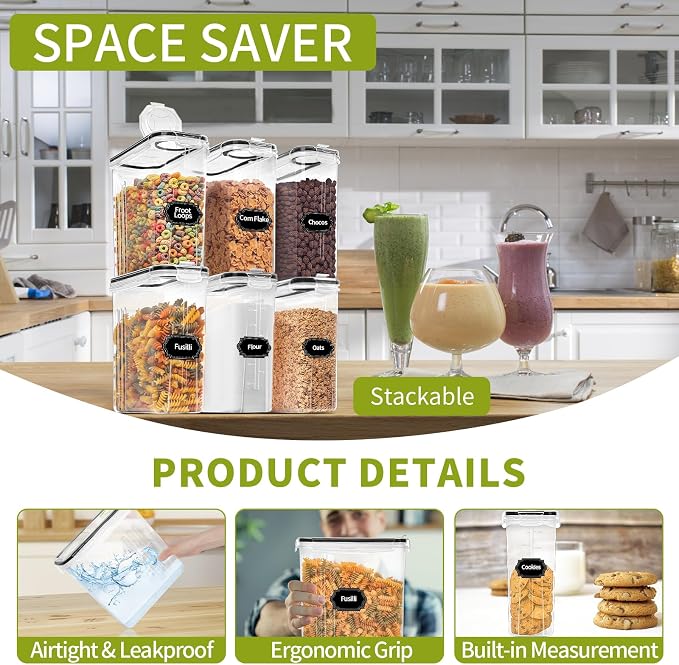 Skroam 4PCS Cereal Containers Storage [4L/135.2 oz], Airtight Food Storage Containers with Pour Spout for Kitchen & Pantry Organization Storage, Plastic Cereal Dispensers, Measuring Cup & 20 Labels - Image 3