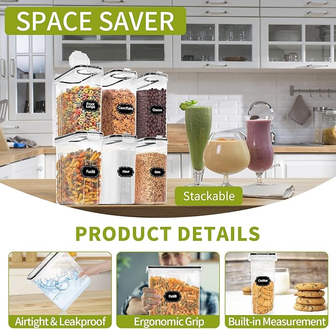 Skroam Cereal Containers Storage of 6 [4L/135.2 oz], Airtight Food Storage Containers with Lids, Plastic Cereal Dispensers for Kitchen & Pantry Organizers and Storage, Measuring Cup & 20 Labels - Image 3