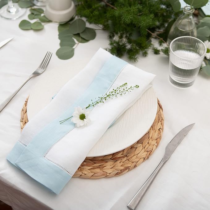 Linen Napkins 20 x 20 inch - 100% Flax Linen White and Light Blue Dinner Napkins Cloth Set of 4 - Classic Hemstitch Dinner Napkin for Spring and Easter Decor - Image 8