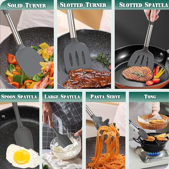 Umite Chef Silicone Kitchen Cooking Utensil Set, 43 pcs Silicone Spatula with Stainless Steel Handle, Non-stick Heat Resistant - Best Cookware (Grey) - Image 5