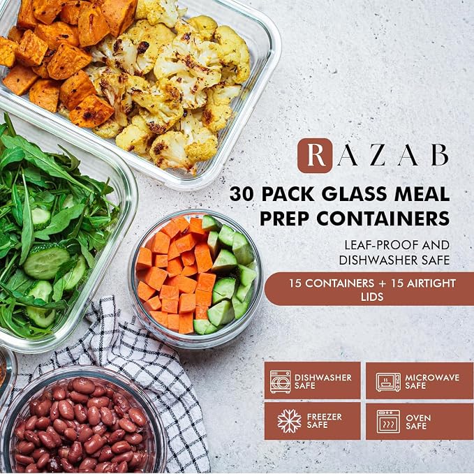 Razab 30 PC Glass Food Storage Containers with Lids - Reusable Glass Meal Prep Containers for Lunch and Leftovers - Airtight & Leakproof Snap Locking Lids - Oven, Freezer, Microwave, Dishwasher Safe - Image 8