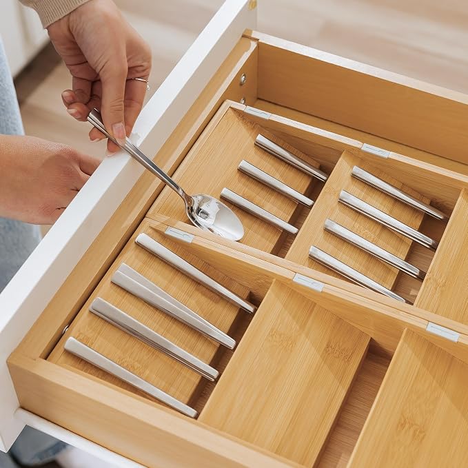 Slanted Cutlery & Flatware Organizer, 2 Pack, Bamboo | 3-compartment slanted design, labeled slots, non-slip feet, sustainable bamboo - Image 7