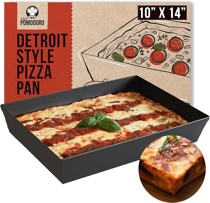 Chef Pomodoro Detroit Style Pizza Pan, 10x14in, Anodized Aluminum Deep Dish | Pre-Seasoned Nonstick Rectangular Bakeware, 2.5in Deep, Great for Casseroles, Focaccia & Deep Dish Desserts, Lasagna Pan by ChefPomodoro