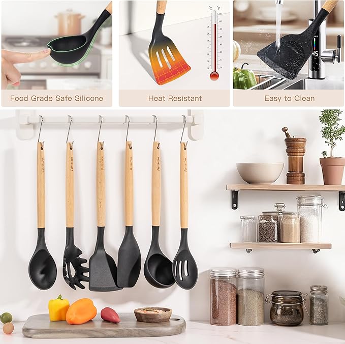 Astercook 39 PCS Kitchen Utensils Set, Silicone Cooking Utensil Sets with Wooden Handle, 446°F Heat Resistant Food Grade Spatula Set, BPA Free Kitchen Gadgets Tools Set & Spoons for Nonstick Cookware - Image 7