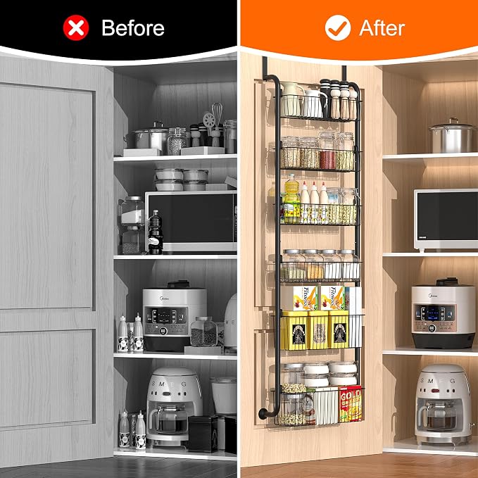 VECELO Kitchen Over the Door Organizer, 6-Tier Pantry Door Organizers and Storage, Metal Sturdy Over the Door Pantry Organizer, Easy Installation Over the Door Storage Spice Rack Shelves, Black - Image 6