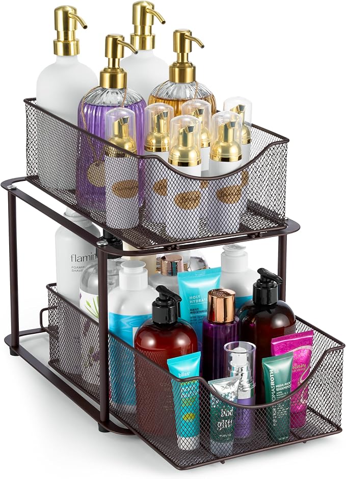 Sorbus 2 Tier Metal Under Sink Organizer for Bathroom, Kitchen, Strong Steel Mesh Sliding Drawers for Under Sink, Under Cabinet, Closet, Kitchen, Pantry, Bathroom Organizers and Storage (Brown) by Sorbus