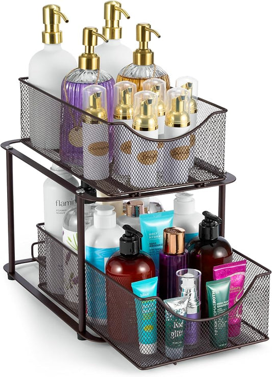 Sorbus 2 Tier Metal Under Sink Organizer for Bathroom, Kitchen, Strong Steel Mesh Sliding Drawers for Under Sink, Under Cabinet, Closet, Kitchen, Pantry, Bathroom Organizers and Storage (Brown) by Sorbus