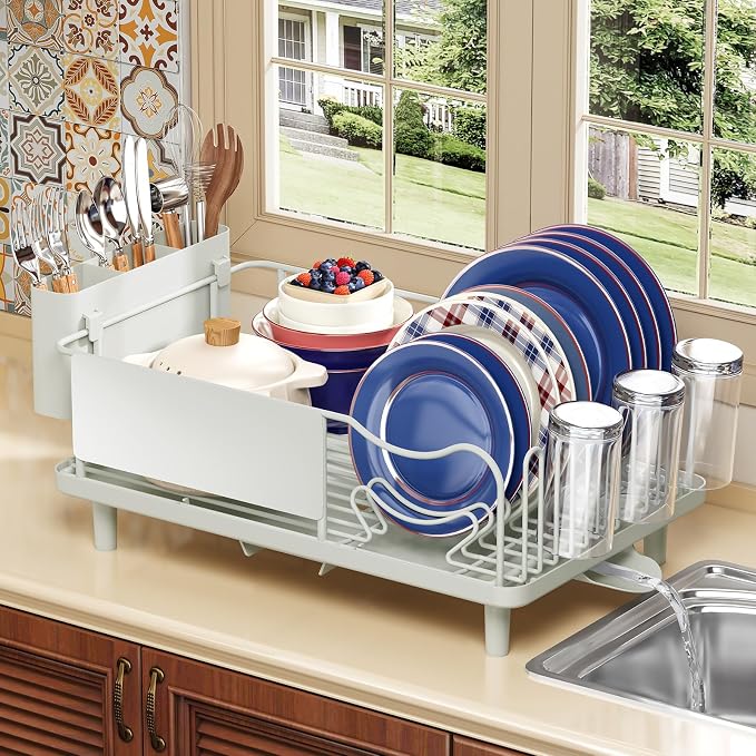 KINGRACK Dish Drying Rack for Kitchen Counter, Dish Drainer with Cup Holder | 16.9"L x 12.4" W Dish Rack with Spacious Drying Capacity, Quick Auto Dish Drainer for Plate Dish Dinnerware, Pale Green by KINGRACK