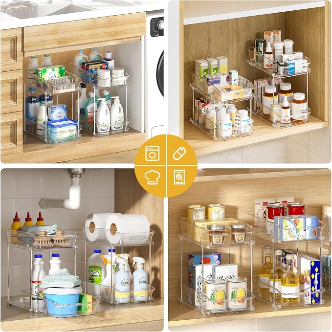 Delamu Bathroom Under Sink Organizers and Storage, 2 Pack, Clear | 2-Tier Multi-Purpose, Stackable, Pull Out Cabinet Kitchen Pantry Organization and Storage with Dividers - Image 5