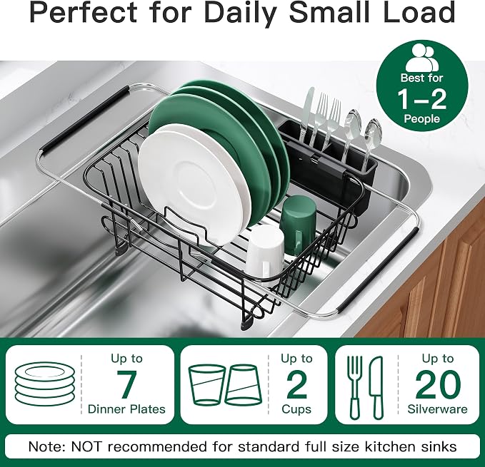 JASIWAY Black Dish Drying Rack in Sink with Utensil Holder, RV, Apartment | Over Sink Expandable Stainless Steel Dish Drainers for Compact Kitchen, Space Saving, Fast Drain, Rustproof, For 1-2 people - Image 5