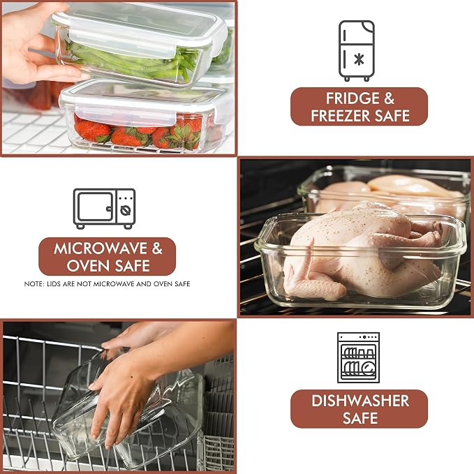 Razab 16 Pc (Set of 8) 30 Oz Glass Meal Prep Containers with Lids, Airtight Large Glass Food Storage Containers, Reusable Leak Proof BPA Free, Freezer to Oven and Dishwasher Safe - Image 5