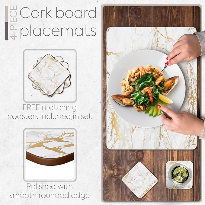 Set of 4 Heat Resistant Cork Placemats for Dining Table with Free Set of 4 Matching Drink Coasters Marble Design 16 x 12 Inches Cork Backed Hard Placemats (Foiled Gold) - Image 4