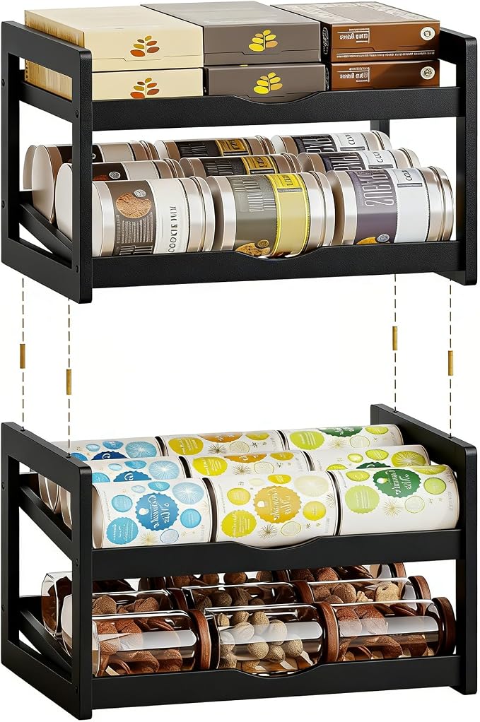 BAMBANG Can Organizer for Pantry, Detachable Bamboo 4 Tier Stackable Can Food Storage Rack, Rolling Soda Can Dispenser Can Holders for Cabinet, Holds Up to 48 Cans, Black by BAMBANG