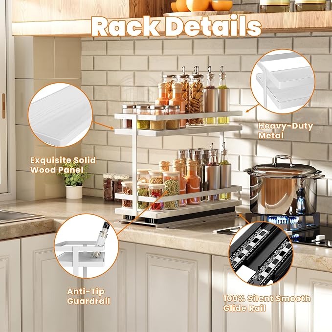 Pull Out Spice Rack 2Pcs Metal & Wood Seasoning Organizer White | No-Drill Install | Full-Extension Silent Glide | Each Tier Holds 10–12 Standard Spice Bottles | Rustproof, Wipe-Clean Surface - Image 4