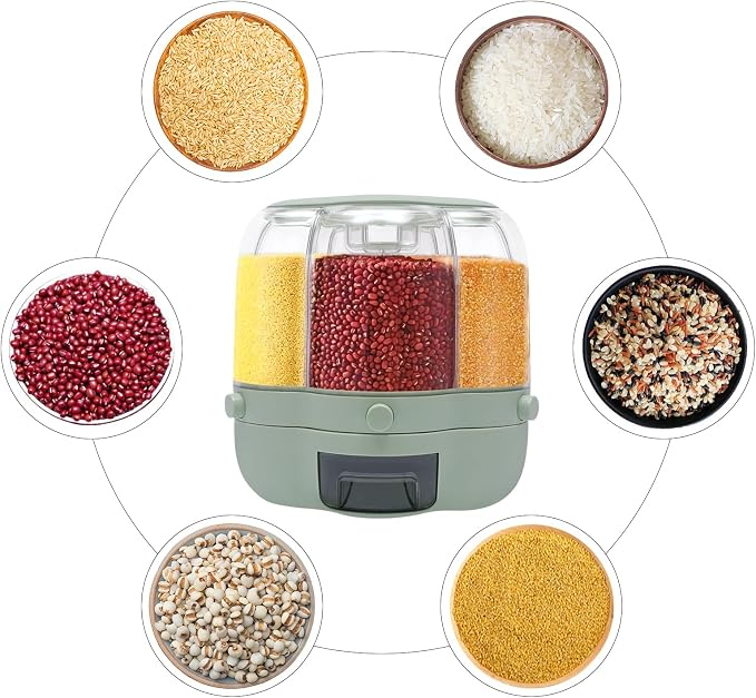 360° Rotating Grain Dispenser With 6 Grids, 13.2lbs Large Capacity Grain Dispenser Rotating Kitchen Storage Containers With Sealed Lid For Peanut Barley Millet And Cereal (Matcha green, 17.6 lbs) - Image 5