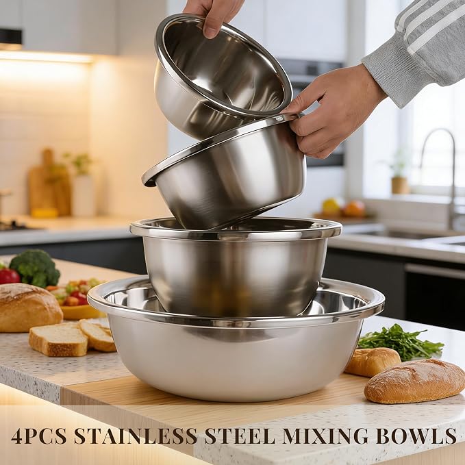 Metal Mixing Bowls Set of 4, Stainless Steel, Nesting | 1.3, 1.9, 3.5 and 7.4 qt sizes with wide rolled rims, flat bases and deep bowls for baking, dough and salad prep - Image 2