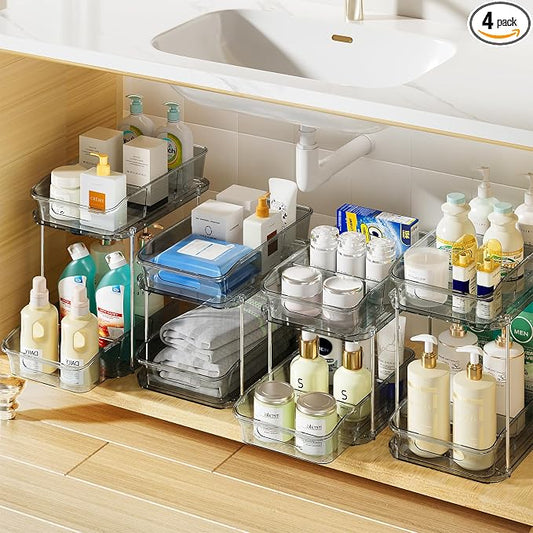 Delamu 2-Tier Under Sink Organizers and Storage, Multi-Purpose Stackable Bathroom Cabinet organizers, Pull Out Kitchen Pantry Organization and Storage with Dividers(4 Pack, Grey) by DELAMU