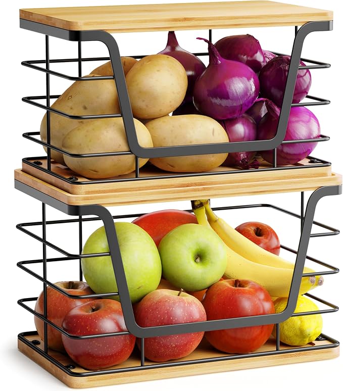 ALOCEO 2 Pack Large Garbage Bag Dispenser for 13/30/33 Gallon Bags, Potato and Onion Storage Baskets with Bamboo Lid, Stainless Steel Stackable Storage Bins for Kitchen Laundry Pantry Room by ALOCEOWallHooksAdhesive