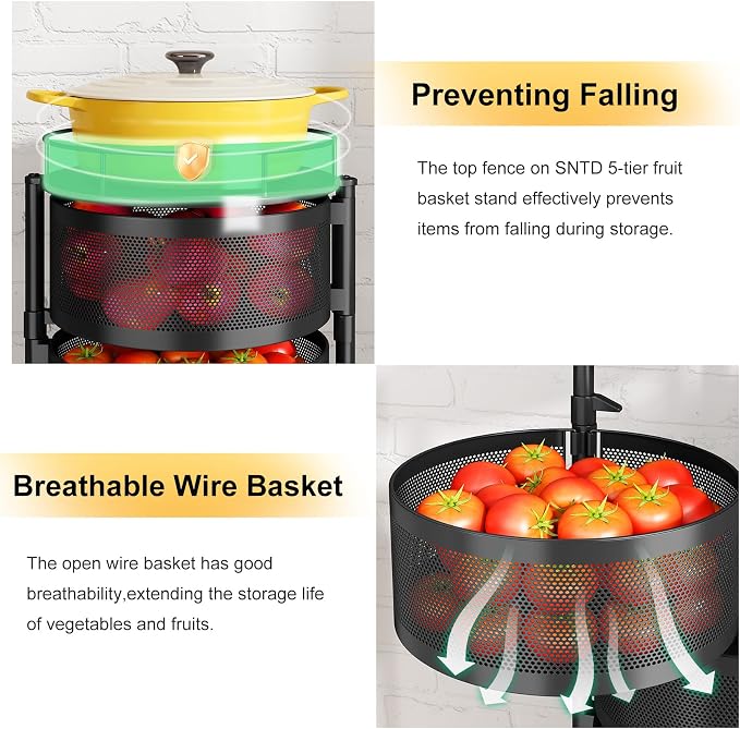 SNTD Fruit and Vegetable Basket Bowls for Kitchen with Metal Top Lid, 5 Tier Rotating Storage Rack Cart for Potato Onion Bread Banana, Wire Basket Organizer on Wheels, Large, Black - Image 3