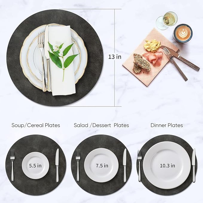 ADRIMER Placemats, Heat Resistant Round Placemats Set of 8 Washable, Waterproof Table Mats, Wipeable Faux Leather Place Mats for Kitchen, Dining Room, Dark Grey - Image 3