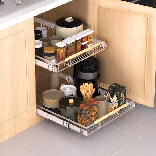 Expandable Pull Out Drawer Cabinet Organizer, Adjustable Width Bottom-Mounted Slide Out Storage Shelves for Cabinets, Required Cabinet Size (14.86"~25.86", D≥22.5"), 2 Pack by KIKIBRO