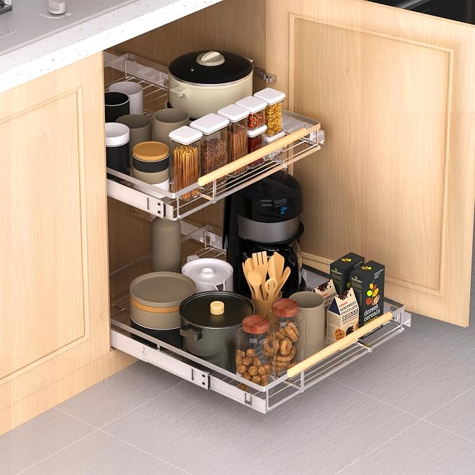 Expandable Pull Out Drawer Cabinet Organizer, Adjustable Width Bottom-Mounted Slide Out Storage Shelves for Cabinets, Required Cabinet Size (W: 20.86"~37.86", D≥22.5"), 1 Pack by KIKIBRO
