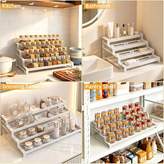 Spice Rack Organizer for Cabinet, 13-21.5" Expandable Spicy Shelf | 11.6" Depth 4-Tier White Metal Seasoning Organizer, Kitchen Spice Organization, Slip-Resistant Guardrails for Jars and Cans - Image 5