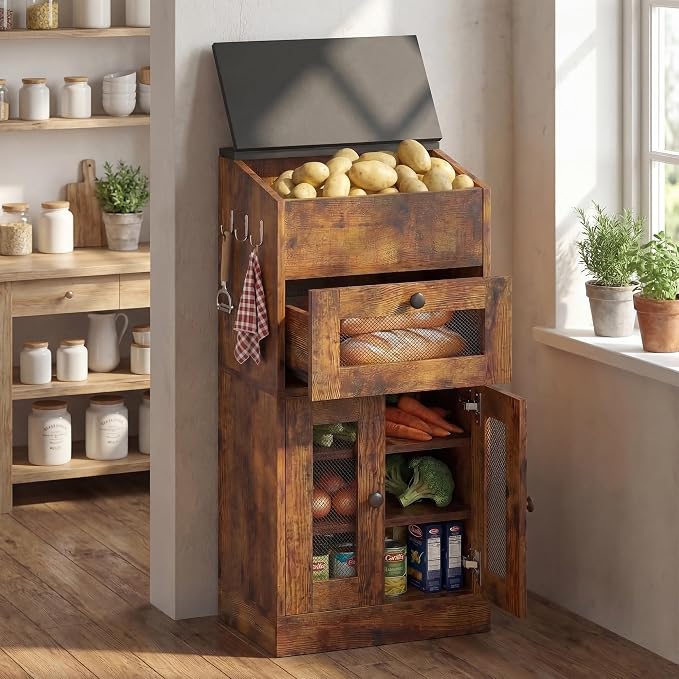 Potato and Onion Storage Bin with Lid, Large Potato Bin with Drawer, Multi-Compartment Wooden Fruit & Vegetable Cabinet with Mesh Doors, Rustic Kitchen Organizer for Pantry (16.9") - Image 9