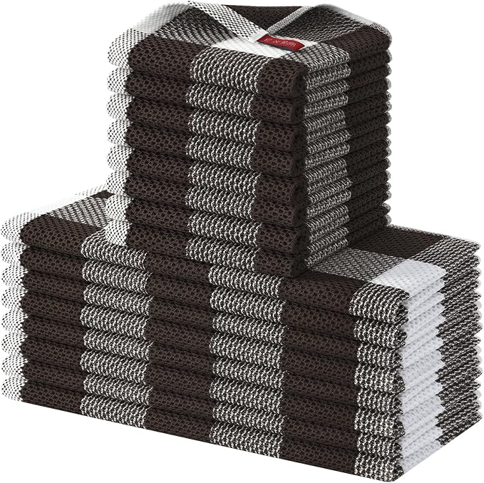 Homaxy Kitchen Towels and Dishcloths Set, Set of 16, White & Dark Brown | Bulk Cotton Waffle Weave Check Plaid Kitchen Towels, Super Soft and Absorbent Dish Cloths, 12 x 12 and 13 x 28 Inches by Homaxy