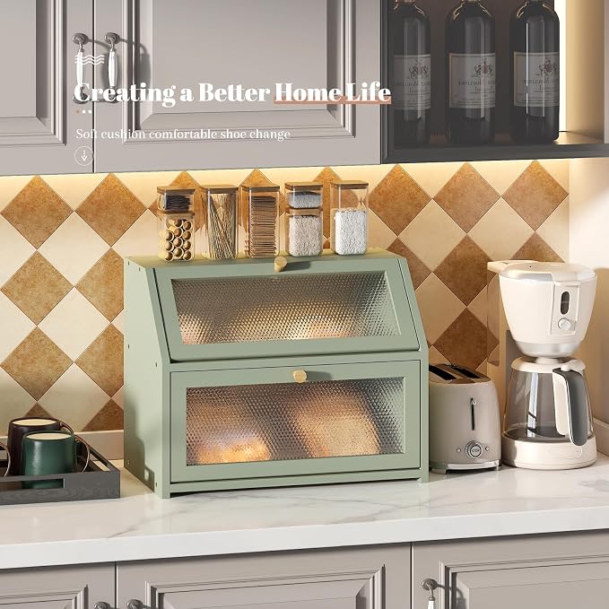STDDRE Bread Box for Kitchen Countertop Bin Double Layer Bread Box Storage Container Extra Large Capacity Farmhouse with Diamond Pattern Windows (Green, Large) - Image 6