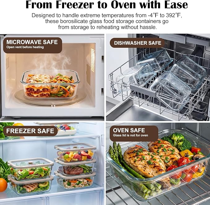 50 oz Glass Food Storage Containers with Glass Lids, 2 Pack | Non Toxic Meal Prep Containers, Airtight Glass Lunch Containers for Fruits, Vegetables, Microwave, Dishwasher - Image 6