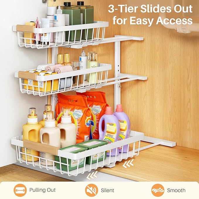 PXRACK Under Sink Organizer, 1-Pack 3-Tier Height Adjustable Thickened Metal Pull out Cabinet Organizer Shelf, Slide out Storage Drawer Rack for Bathroom Kitchen Pantry Home Organization, White - Image 6