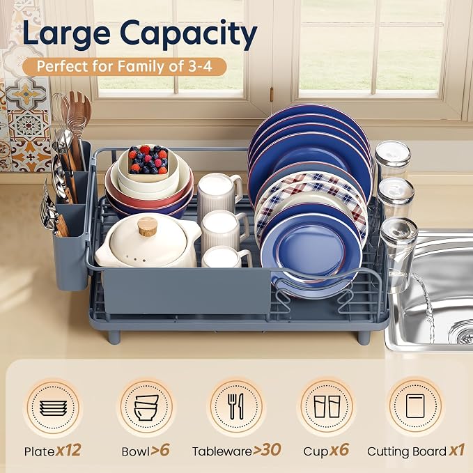 KINGRACK Dish Drying Rack for Kitchen Counter, Dish Drainer with Cup Holder | 16.9"L x 12.4" W Dish Rack with Spacious Drying Capacity, Quick Auto Dish Drainer for Plate Dish Dinnerware, Blue - Image 3