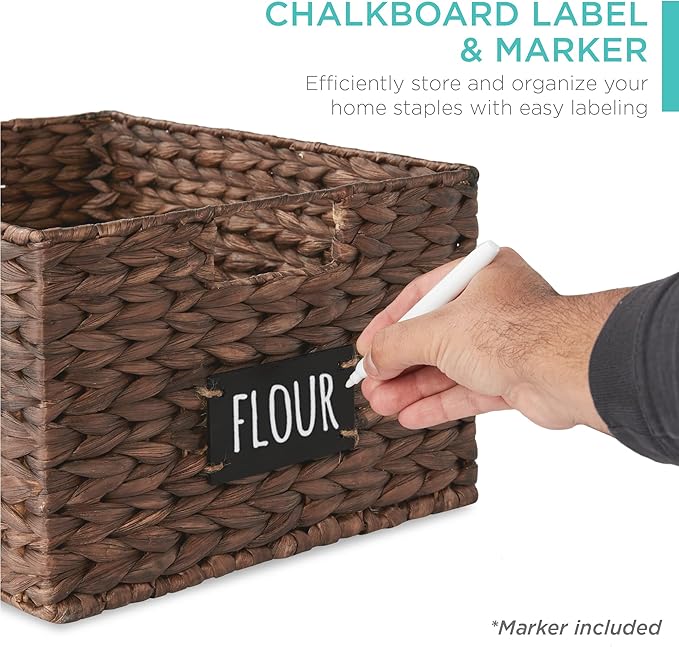 Best Choice Products Pantry Baskets Set of 2 16x12in Water Hyacinth Storage Baskets, Woven Wicker Kitchen Organizers with handles w/Chalkboard Label Chalk Marker - Brown - Image 2