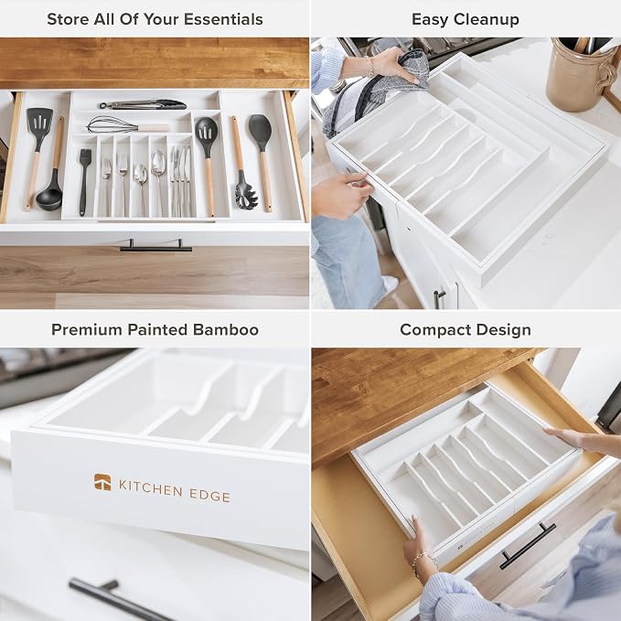 Silverware & Utensil Drawer Organizer, 18-33 in, White Bamboo | Cutlery, flatware, food-safe contract grade, kitchen drawer fit - Image 3