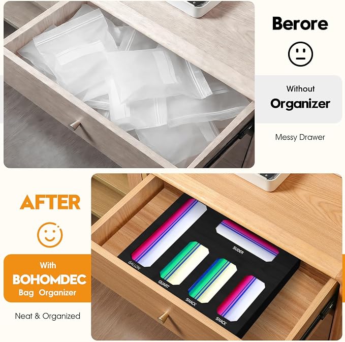 Bamboo Ziplock Bag Storage Organizer for Drawer -Black, 5 in 1 Baggie Organizer with 24 Labels - Fits Gallon, Quart, Sandwich & Snack Bags - Wall Mountable Kitchen Drawer Organizer - Image 2