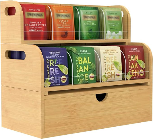 Bamboo Tea Organizer – Stackable Collection (2Tier w/Drawer) by ARFETIGO