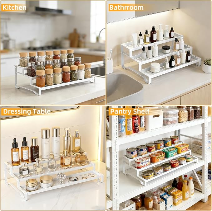 Spice Rack Organizer for Cabinet, 13-21.5" Expandable Spicy Shelf | 9.45" Depth 3-Tier White Metal Seasoning Organizer, Kitchen Spice Organization, Slip-Resistant Guardrails for Jars and Cans - Image 5