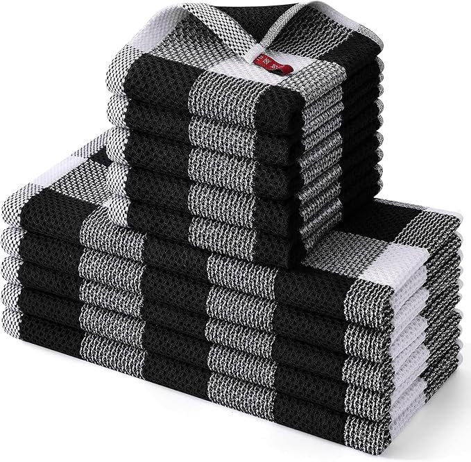 Homaxy Kitchen Towels and Dishcloths Set, Set of 10, White & Black | Bulk Cotton Waffle Weave Check Plaid Kitchen Towels, Super Soft and Absorbent Dish Cloths, 12 x 12 and 13 x 28 Inches by Homaxy