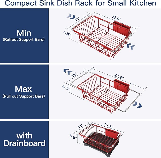 JASIWAY Red Dish Drying Rack in Sink with Drainboard and Utensil Holder | Use Over the Sink or Counter, Stainless Steel Expandable Dish Drainer for Small Kitchen, Space Saving, Fast Drain, Rustproof - Image 5