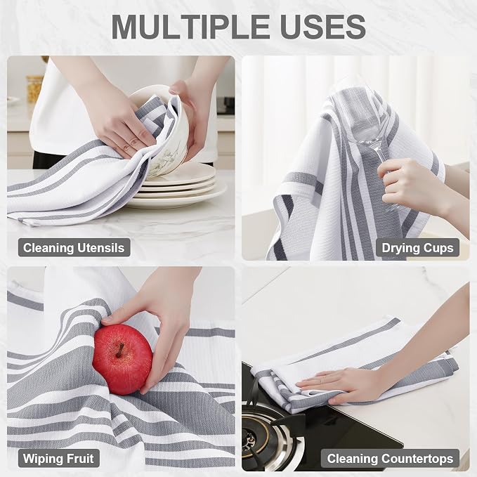 Homaxy Premium Cotton Stripe Kitchen Towels 8 Pack, 18"x 28", Grey | Large 380 GSM Kitchen Hand Towels, Soft Terry Dish Towels, Highly Absorbent Tea Towel Set with Hanging Loop - Image 4