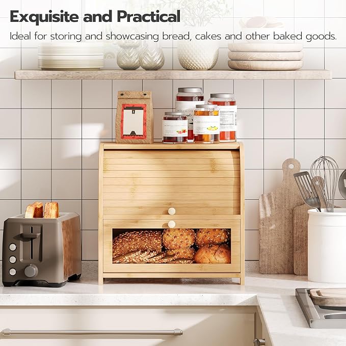 HOOBRO Bread Box, Bamboo Bread Box for Kitchen Countertop, 2 Tier Roll-Top Bread Bin, Food Storage Box, Large Capacity Keeper, Wooden Storage Cabinet, for Kitchen, Dining Room, Natural YL13MB01 - Image 2