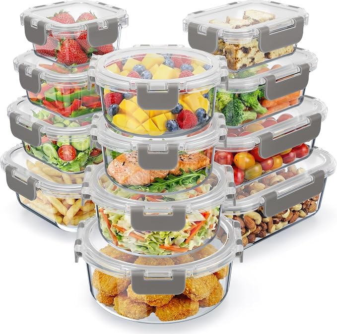 Emporio Kitchen Borosilicate Glass Food Storage Containers with Lids 24 Pieces, BPA-Free Stackable Lunch & Leftover Containers, Microwave, Freezer & Dishwasher Safe, 100% Airtight Leak-Proof, Gray by Unknown