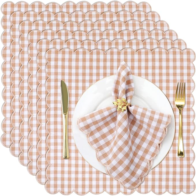 SmoothNovelty 12 Pack Buffalo Plaid Cloth Napkins 18x18 Inch Checkered Cloth Napkins Scalloped Soft Cotton Table Mat Washable Reusable for Dinner Wedding Holiday Birthday Parties (Classic,Khaki) by SmoothNovelty