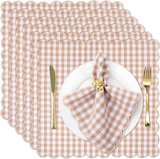 SmoothNovelty 12 Pack Buffalo Plaid Cloth Napkins 18x18 Inch Checkered Cloth Napkins Scalloped Soft Cotton Table Mat Washable Reusable for Dinner Wedding Holiday Birthday Parties (Classic,Khaki) by SmoothNovelty